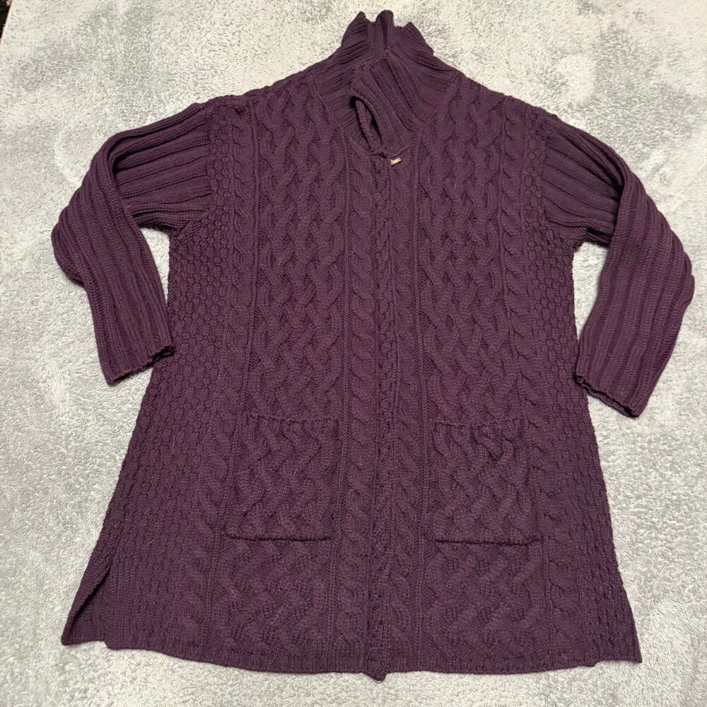 Aran Crafts Ireland Merino Wool Cable Knit Cardigan Sweater Womens XL Purple Zip
